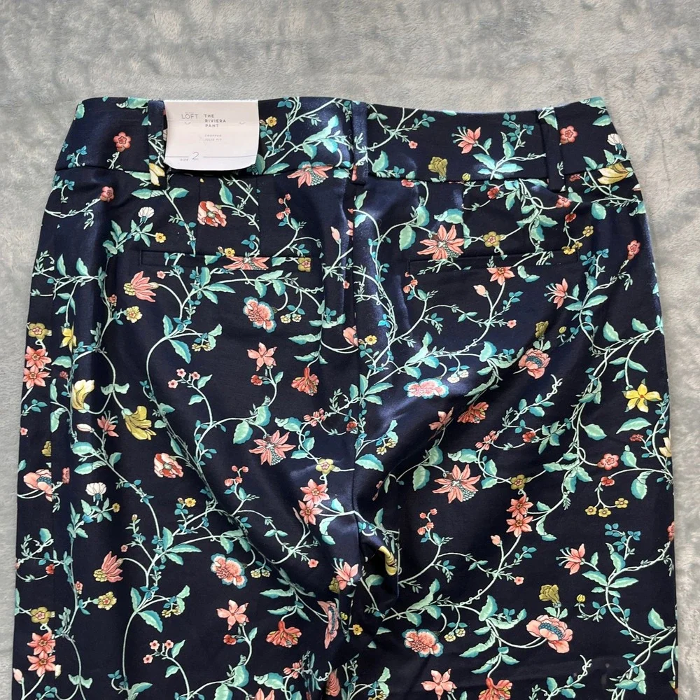 LOFT Riviera Pant Women Navy‎ Blue Floral Julie Fit Cropped Trousers NWT 2